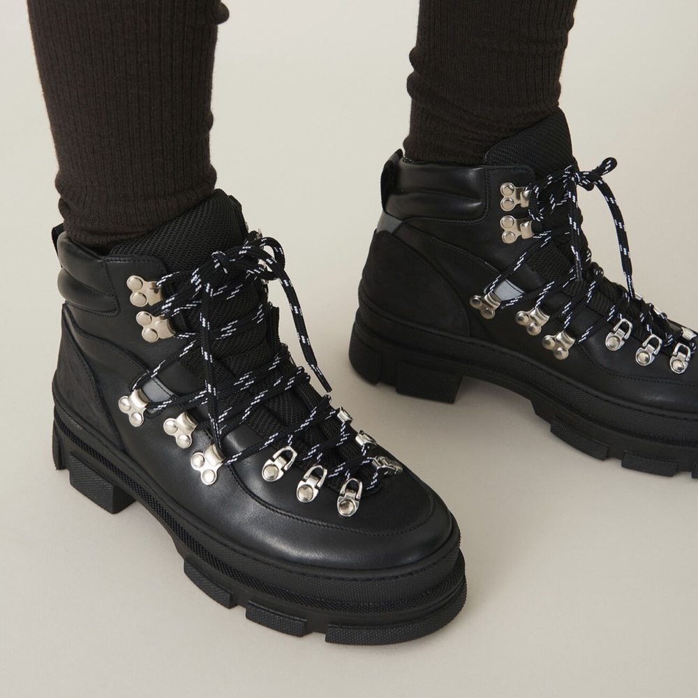 Ganni black lace up leather hiking boots size 39